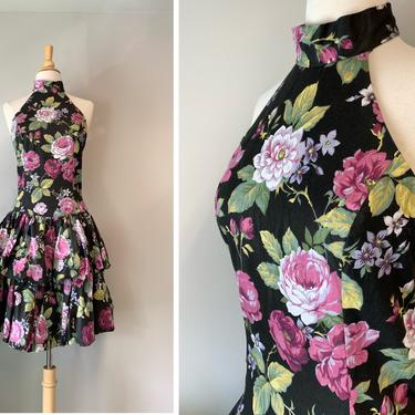 Vintage 1980s Black Floral Polished Cotton Bubble Hem Halter Dropped Waist Mini Dress | Size S/M 