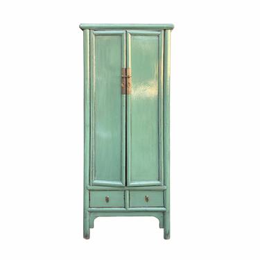 Oriental Distressed Pastel Celadon Green Lacquer Slim Storage Cabinet cs7065E 