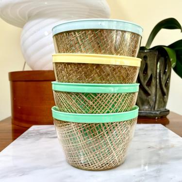 4 Vintage Raffia Ware Raffiaware Insulated Ice Cream, Dessert or Cereal Bowls - Clear, Pastel Blue Green Yellow, Mid Century Modern, Pool 