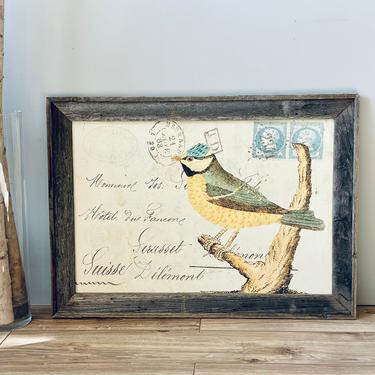 Large 40x29&quot; Bird Canvas with Rustic Frame | Large French Art | Large Bird Picture | French Bird Art | Reclaimed Wood Frame | Bird Painting 