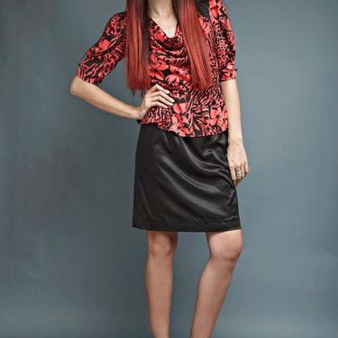 vintage 70s red black peplum dress slinky cowl neck drape draped soft short sleeves M medium 