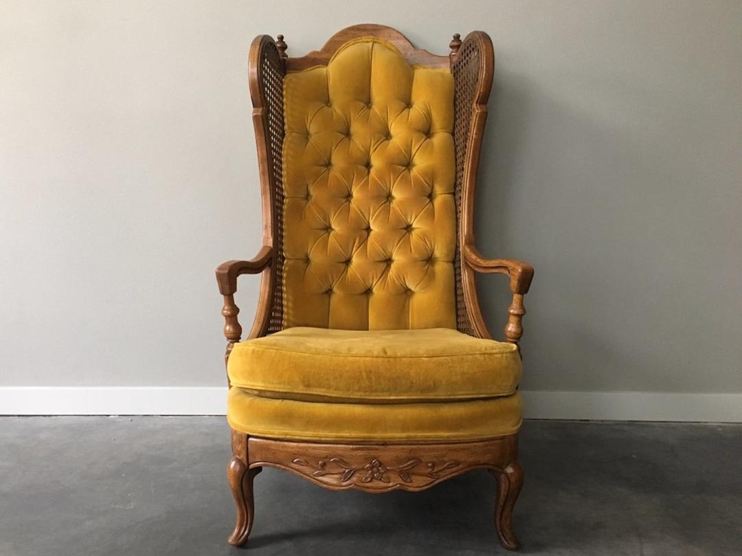 vintage tufted gold velvet cane wingback throne chair ...