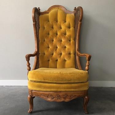 vintage tufted gold velvet cane wingback throne chair.