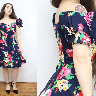 Vintage 80's 90's Blue Floral OFF THE SHOULDER Party Dress / 1980's Bow Sleeves Dress / Crinoline Lined / Women's Size Small 
