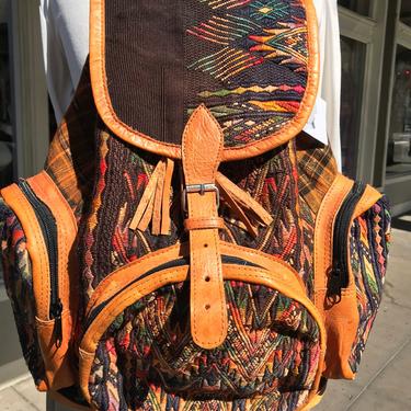 90’s tapestry &amp; leather backpack ~ mahogany leather~ rick deep brown rainbow textile colorful~ zipper compartments ~ boho urban hippie 