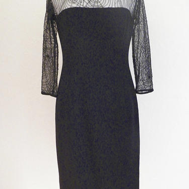 Vintage Beaded Spiderweb Embroidered Net Black Cocktail Dress, Goth Wedding Dress, Formal Evening Dress, 