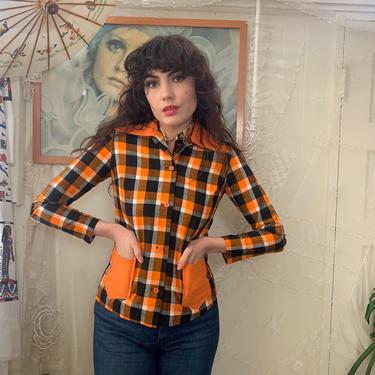 70's PLAID JACKET - black, orange and white - front pockets - x-small/small 