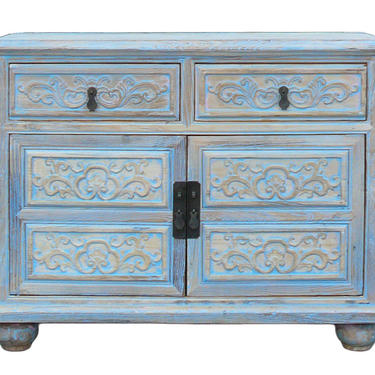 Oriental Floral Shabby Chic Rustic Light Blue High Credenza Cabinet cs1158E 