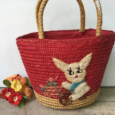 Vintage Child's Straw Purse With Rabbit On Bike, Woven Beach Tote With Red Plastic Lining, Small Beach Purse 