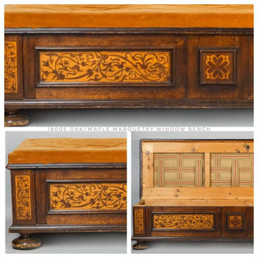 1800s Oak and Maple Marquetry Window Storage Bench with Cushion seating 