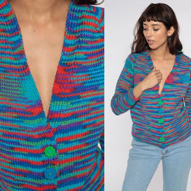 Y2K Space Dye Cardigan Boho Sweater Hippie Sweater 00s Button Up dyed Seventies Acrylic Knit Retro Vtg Rainbow Acid Blue Medium 