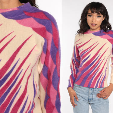 80s MOHAIR Sweater Scale Print Pink Purple Striped Sweater Knit Mock Neck Sweater Slouchy Pullover Sweater Abstract 1980s Vintage Medium 