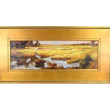 Chinese Oil Painting Autumnal Landscape Marshland with Herons or  Cranes 