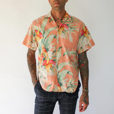 Vintage 80s Polo Ralph Lauren Pastel Floral Hawaiian Print Shirt | 100% Cotton |  Loop Collar, Saddle Cut | 1980s Polo Designer Hawaiian 