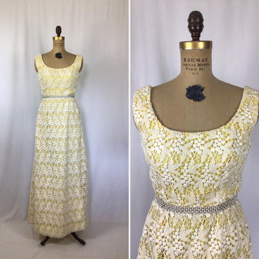 Vintage 60s dress | Vintage yellow white lace evening gown | 1960s Cameo Evening Fashion floral lace rhinestone maxi dress 