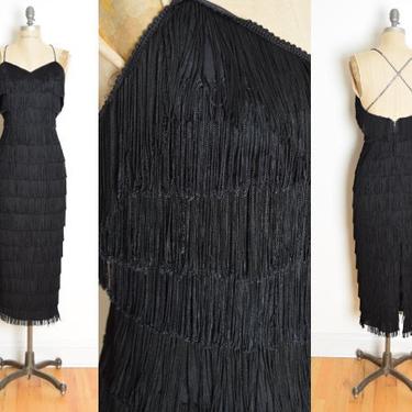 vintage 80s dress black fringe flapper cocktail party prom long maxi dress S clothing 