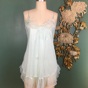 1980s babydoll, vintage lingerie, mint green, 80s does the 20s, flapper style, 38 bust, drop waist nightgown, vintage nightie, 80s lingerie 