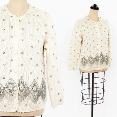 60s Creme Mohair Cardigan |  Pearls Beads &amp; Rhinestone Sweater Jacket | Hong Kong | Medium 