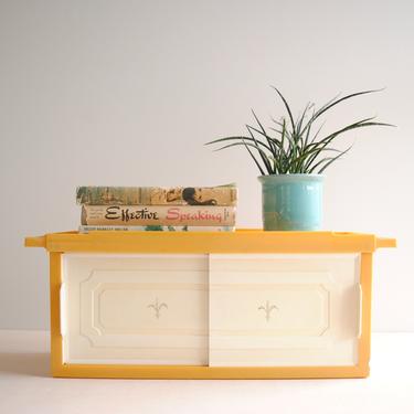 Vintage Wall Shelf with Sliding Doors, Yellow and White Plastic Bathroom Cabinet 