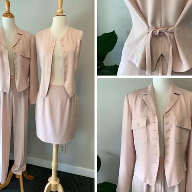 Vintage 1990s Blush Pink 4 Piece Suit Pants Vest Skirt and Jacket | Size Small 