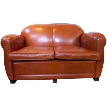 French Art Deco Caramel Brown Leather Club Style Two Seater Love Seat Couch Sofa with Nailhead Trim 