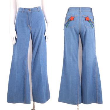 70s sz 27 Appliqué bell bottoms jeans / vintage 1970s SHOOTING STAR pockets high waisted bells flares pants sz 8 