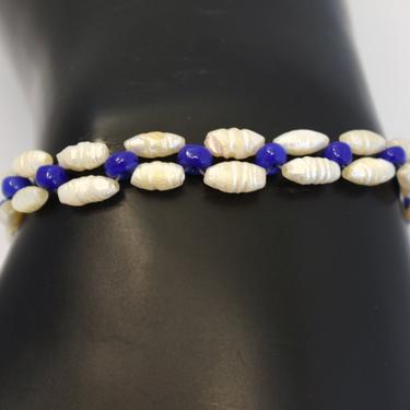 60's rice pearl glass beads 925 sterling silver clasp boho bracelet, handmade white & bright blue hippie stacking bracelet 