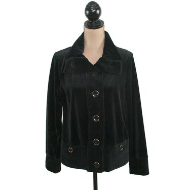 Y2K Jacket Women Medium, Ribbed Velvet Black Velour Cozy High Neck Button Up, Winter Casual Clothes, 2000s Vintage Clothing, Jones New York 