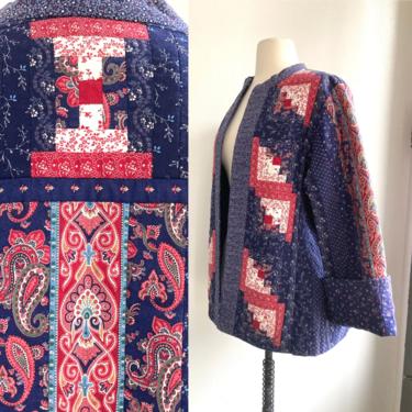 Vintage HANDMADE QUILTED PATCHWORK Jacket / Kimono Sleeves + Pockets 