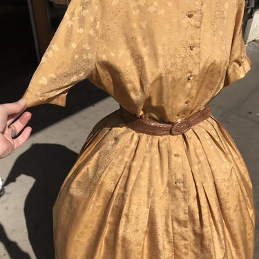 50's 60's silky mustard gold fit &amp; flare dress~ cinched waist~ size LG 32&amp;quot; waist 