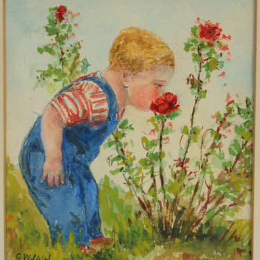Vintage 1950s Original Watercolor Little Boy in Overalls Sniffing Flowers Signed 
