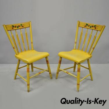 Pair of Antique Hitchcock Style Yellow Painted Plank Seat Wooden Side Chairs