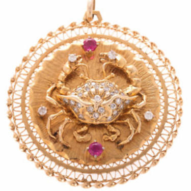 Vintage 14k Gold Cancer Crab Zodiac Sign Pendent Featuring Diamonds and Rubies 