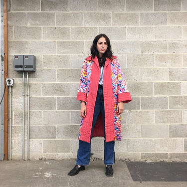 Vintage Robe Retro 1970s Quilted + Duster Coat + Size Small + Floral Print + Pink + Midi Length + Satin + Dressing Robe + Women's Apparel 