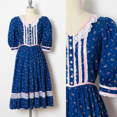 1970s Peasant Dress Blue Floral Cotton Midi S 