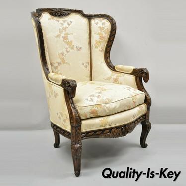Vintage Italian Regency Style Rams Head Carved Walnut Wingback Bergere Arm Chair