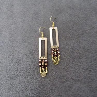 Modern brass earrings brown hematite, mid century, Brutalist earrings, minimalist statement earrings, geometric unique chic earrings 
