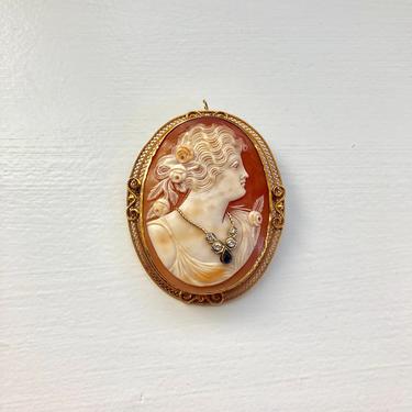 14K Yellow Gold Carved Shell Diamond and Sapphire Habille Cameo Converter Brooch Pendant 