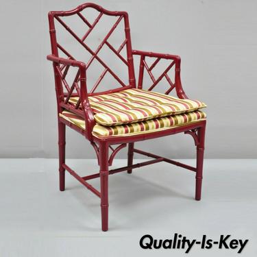 Vintage Chinese Chippendale Faux Bamboo Red Lacquer Lattice Back Arm Chair