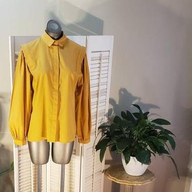 70s/80s Mustard Blouse w/Tucks Puffy Sleeve Hidden Buttons sz M  Beeline Fashions 