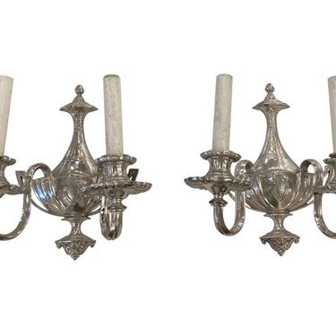 Restored Victorian Silver Plated Cast Brass 2 Arm Wall Sconces