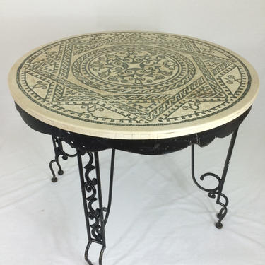 Handcrafted Roman mosaic outdoor, patio, garden, pool side table on vintage wrought iron base. 