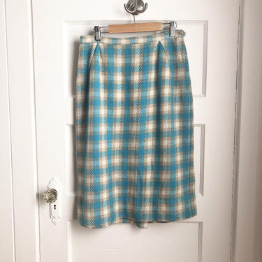 1950s Electric Blue Plaid Wool Pencil Skirt- size M 