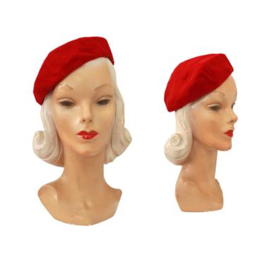 1940s Lipstick Red Velvet Beret - 1940s Red Beret - 1940s Velvet Beret - Vintage Beret - 40s Womens Hat - Womens Red Hat - Vintage Red Beret 
