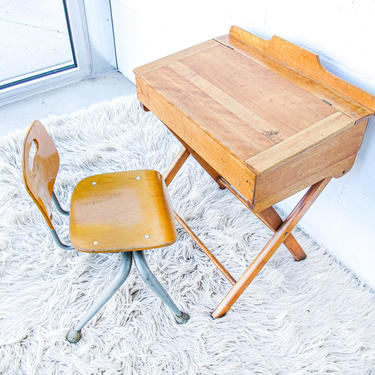 Folding Wood Kids Desk with Vintage School Chair 