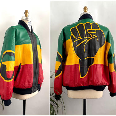 MICHAEL HOBAN WHEREMI Vintage 90s Leather Jacket | 1990s North Beach Rastafarian Color Bomber | 80s 1980s Hip Hop Streetwear | Size X Large 