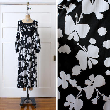 vintage 1970s maxi dress • black &amp; white abstract butterfly print dress • empire waist with puff sleeves 