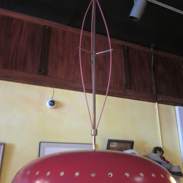 Italian Mid Century Pendant Light Large Enameled Aluminum Shade with Structural Abstract Stem Chandelier 