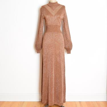 vintage 70s Wenjilli dress metallic bronze knit disco long maxi poet sleeve XS S clothing 