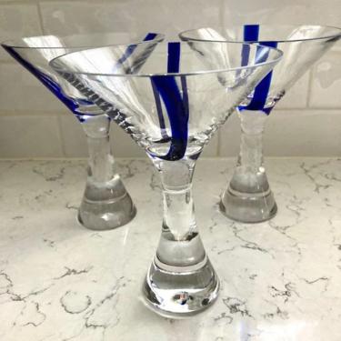 Set of 3 Vintage Rare Artland Crystal Clear with Cobalt Blue Swirl Glass Presscott Martini Large Goblets by LeChalet